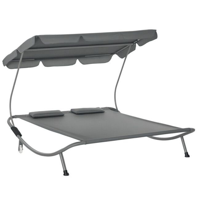 Outsunny Garden Double Hammock Sun Lounger Day Bed Canopy W/ Stand & 2