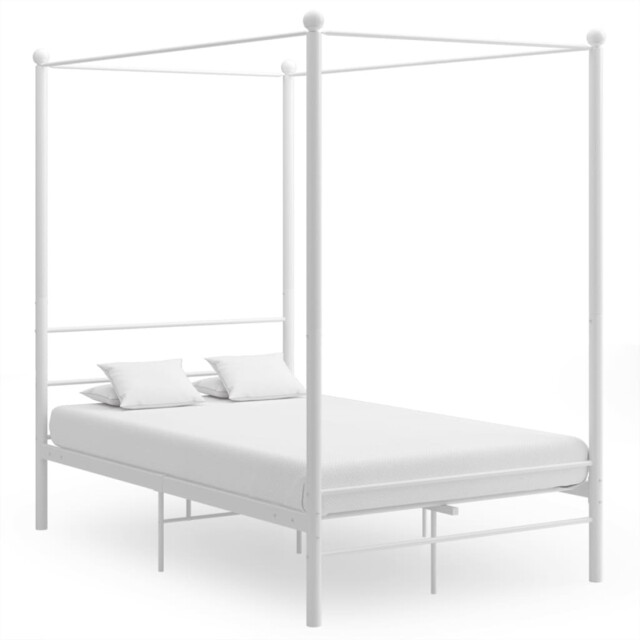Canopy Bed Frame White Powder-coated Metal 140x200 Cm Slatted Storage