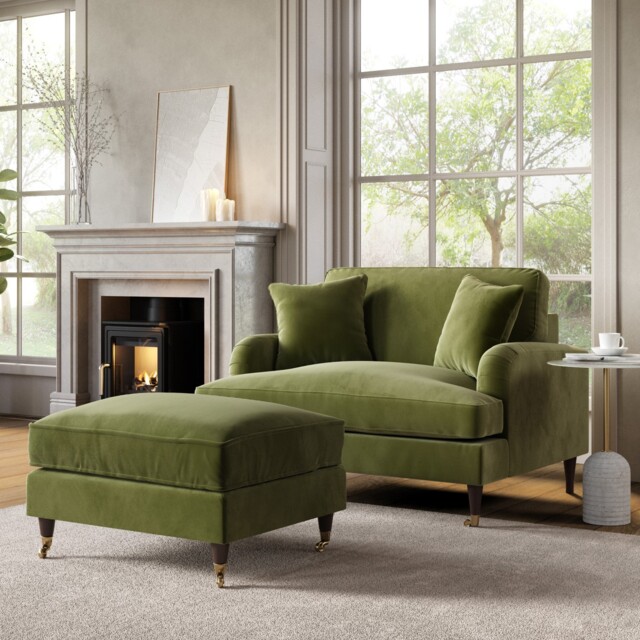 Olive Green Velvet Love Seat And Footstool - Payton Bun/sof164/84482