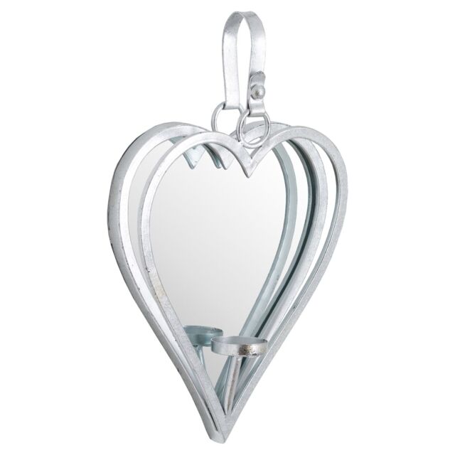 Wall Mounted Mirror Heart Candle Tealight Holder Silver Metal Sconce