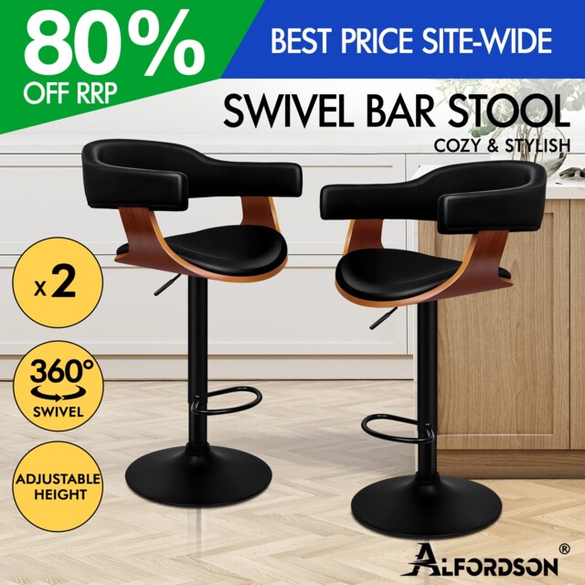Alfordson 2x Bar Stool Padded Back Armrest Swivel Gas Lift Kitchen