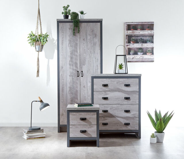 Boston 3 Piece Set 2 Door Wardrobe Bedside 4 Drawer Chest Grey Loft