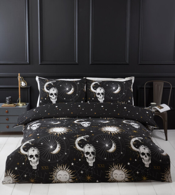 Tarot Skulls Moon Duvet Cover Set Bedding, Goth Halloween Gothic,