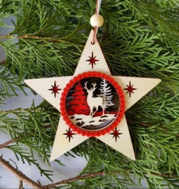 Natural Scandi Wooden Christmas Fretwork Deer Detailed Star Hanging