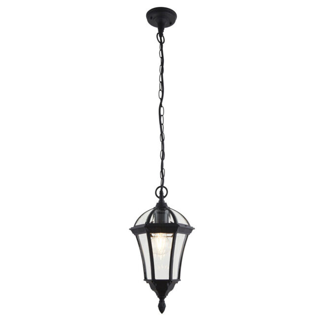 Ip44 Outdoor Hanging Pendant Porch Light Traditional Black & Glass