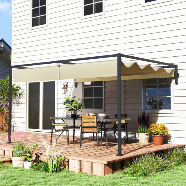 3x4m Wall Mounted Pergola Retractable Roof Garden Patio Shelter Khaki