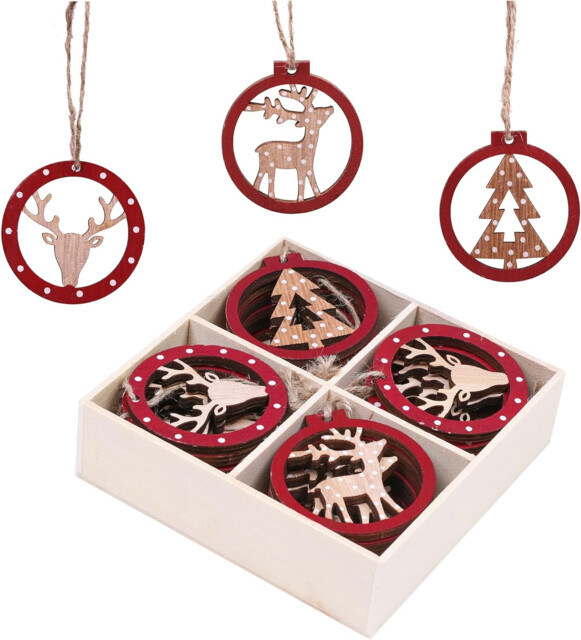 24pcs Traditional Red And White Christmas Decorations, Wooden Hanging