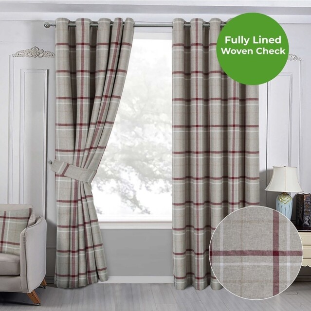 "Home Curtains Hudson Check Lined Eyelet Ring Curtains 90”x 72"""
