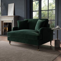 Green Velvet Loveseat With Dark Wood Gold Legs Saddle Arms Traditional