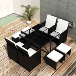 9 Piece Outdoor Dining Set With Cushions Poly Rattan Black Vidaxl