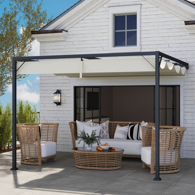 2.97m X 2.97m Cream White Wall Mounted Pergola - Sliding Retractable