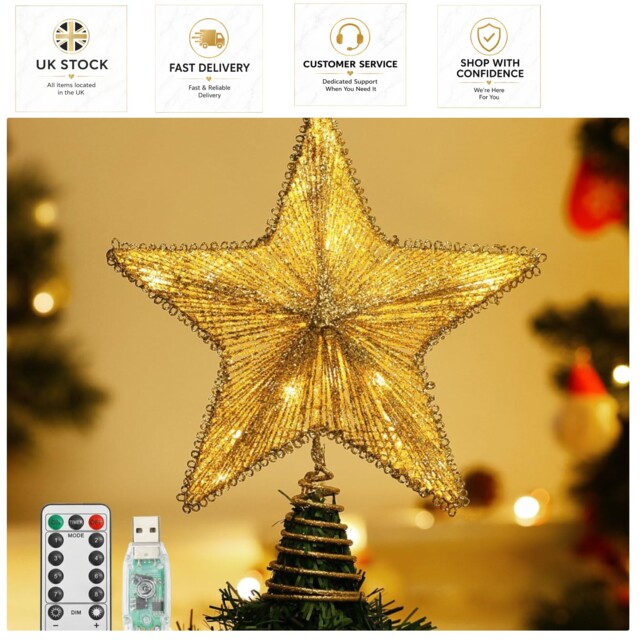 Luxury Gold Glitter Star Tree Topper With Remote & Timer - Perfect