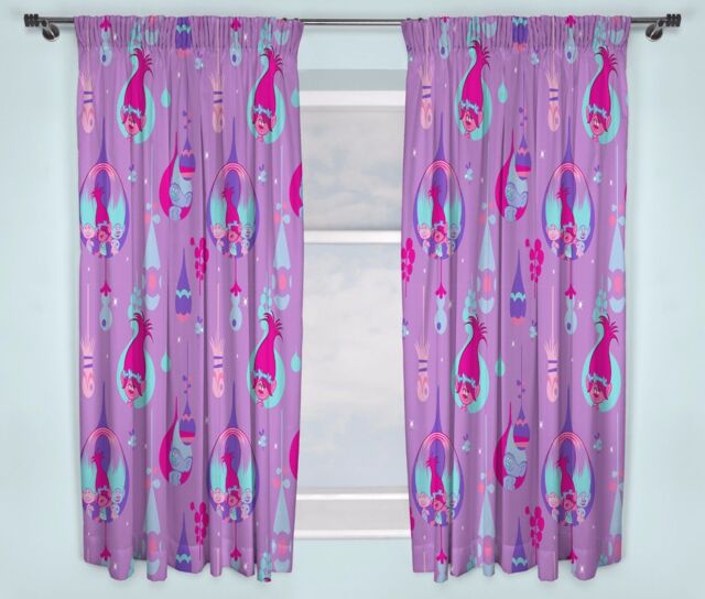 "66""x54"" Curtains Trolls Glow Purple Lilac Pink Blue Drops Branch Poppy"