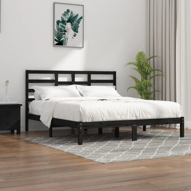 Bed Frame Black Solid Pinewood 75x190cm Small Single Headboard & Slats