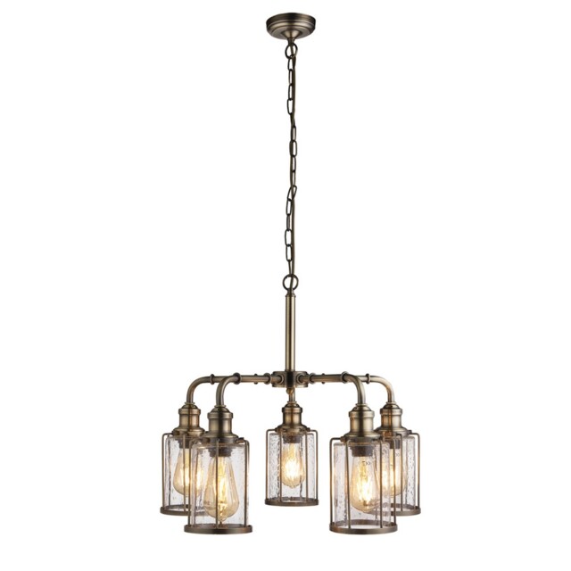 Pendant 5 Light Bar Ceiling Light Antique Brass Seeded Glass Rustic