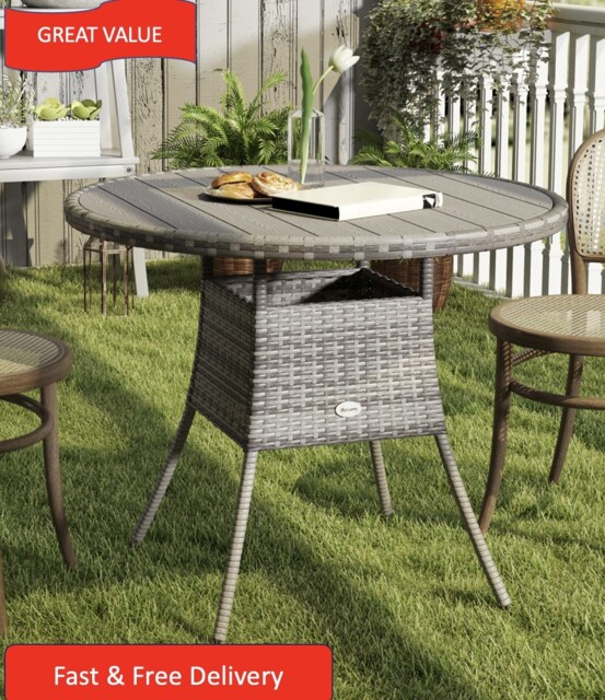 Rattan Dining Table W/ Wood-plastic Composite Top, Grey Outdoor