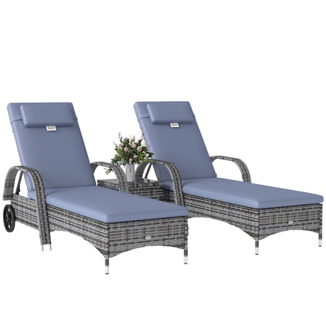 Outsunny 3 Pcs Rattan Lounger Recliner Bed Garden Furniture Set W/