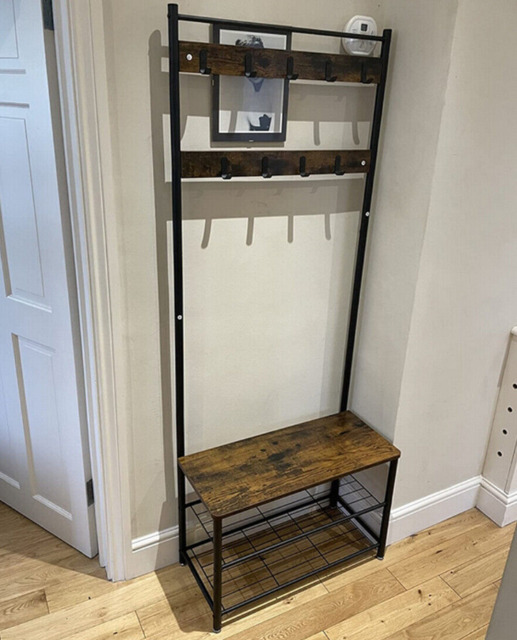 Industrial Coat Rack Vintage Shoe Stand Hallway Storage Bench Rustic