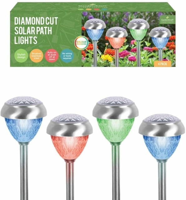 4pc Diamond Solar Led Garden Lights Patio Path Outdoor Lighting Colour
