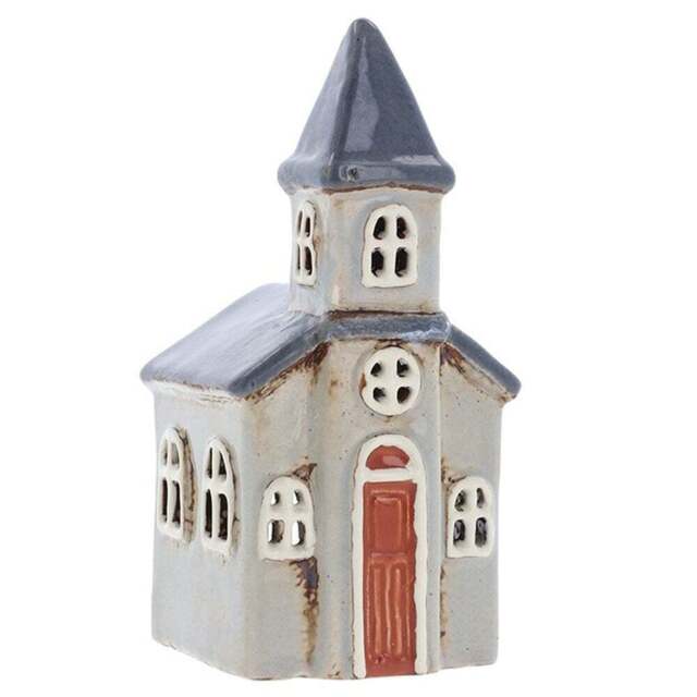 Village Pottery Small Church Tealight Holder - Light Grey/dark Grey