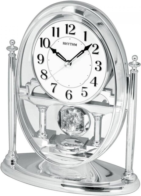 Silver Oval Rhythm Mantel Clock With Crystal Pendulum – Silent Quartz