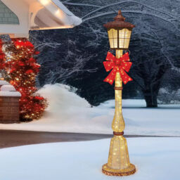 Christmas 7ft Gold Glitter Lamp Post With Bow Indoor Outdoor 150 Led