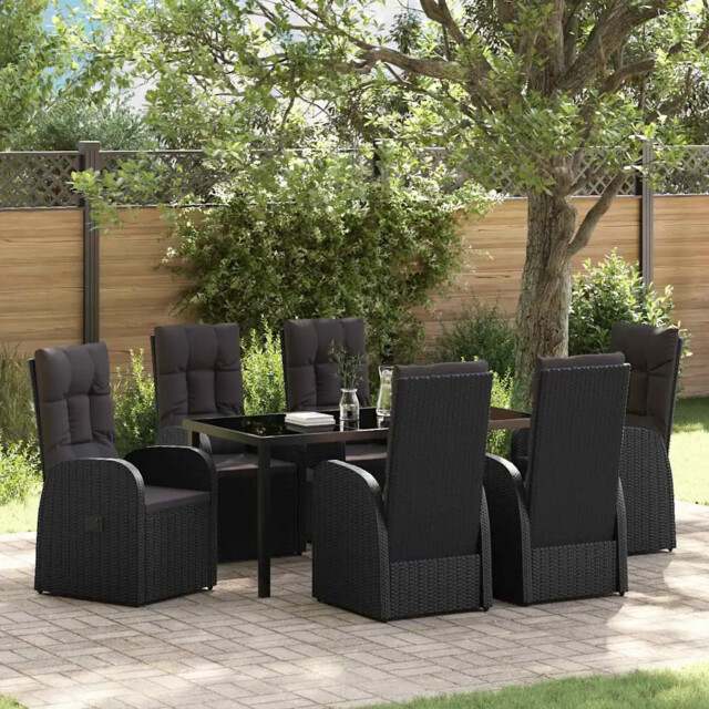 Garden Dining Set With Cushion 7 Pcs Black Poly Rattan Vidaxl