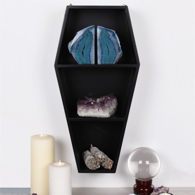 Coffin Shaped Shelving Candles Crystals Display. Gothic Home Storage