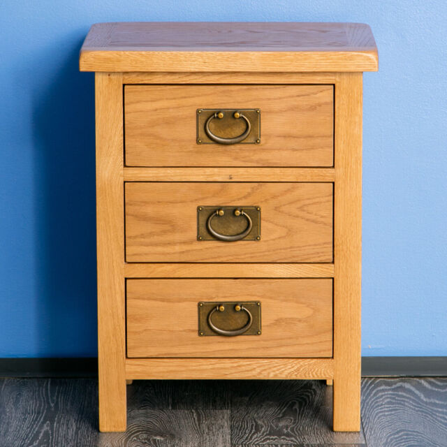 Surrey Oak Bedside Table Waxed 3 Drawer Cabinet Solid Wood Nightstand