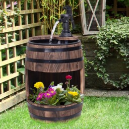 Wooden Barrel Patio Water Fountain With Electric Pump And Flower