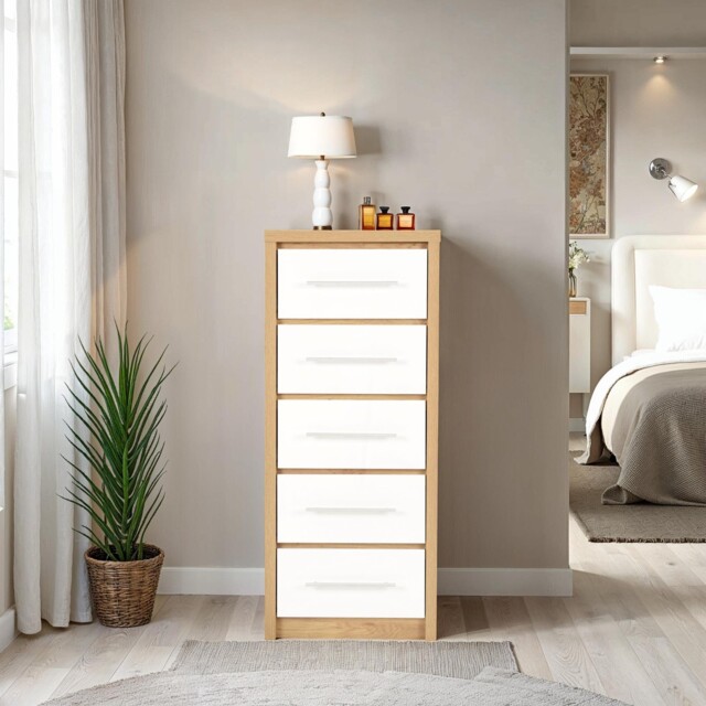 Seville 5 Drawer Narrow Chest White Gloss Light Oak Bedroom Storage