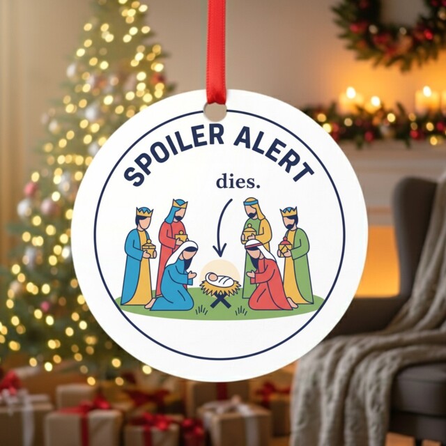 Funny Nativity Spoiler Alert Christmas Ornament - He Dies Bauble
