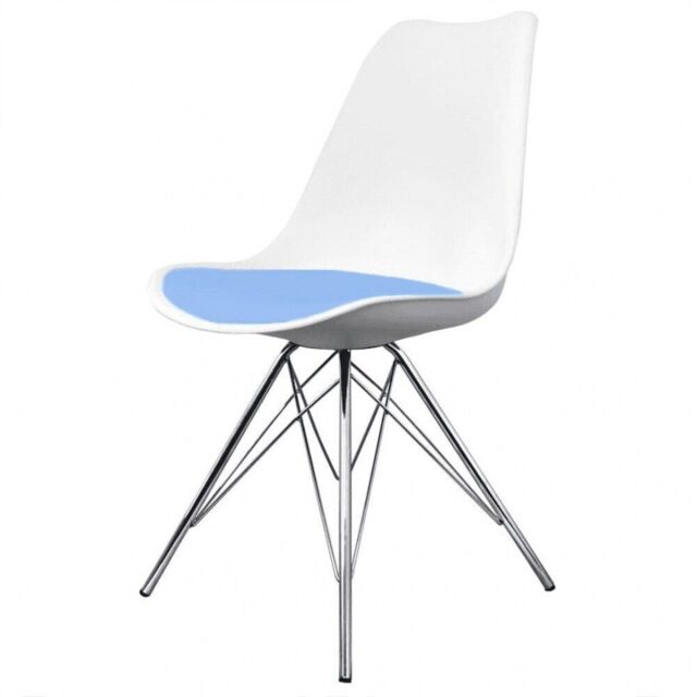 White Plastic Dining Chair With Chrome Metal Legs - Blue Seat Pad -