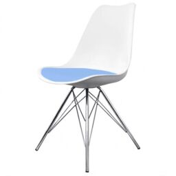 White Plastic Dining Chair With Chrome Metal Legs - Blue Seat Pad -