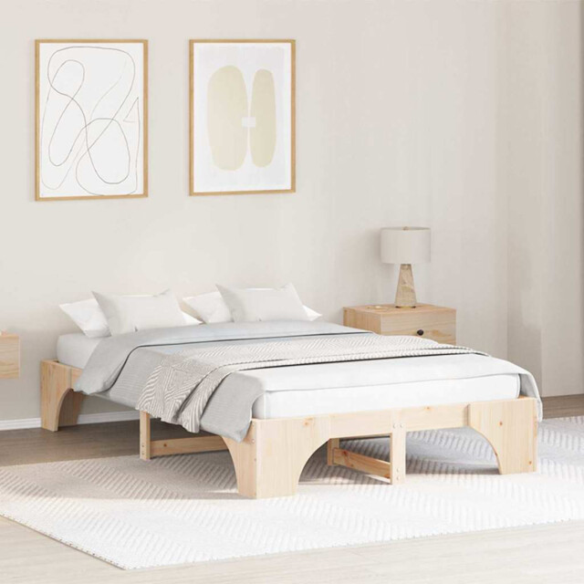 Bed Frame Natural Solid Pine Wood 140x190 Cm Fixed Slatted Frame 30 Cm