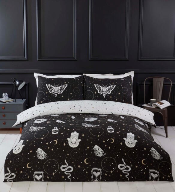 Gothic Duvet Quilt Cover Bedding Bed Set Black Skulls Halloween Moon