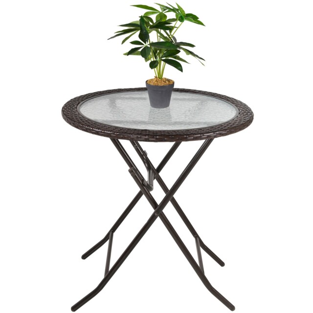 Outsunny Folding Round Tempered Glass Metal Table With Brown Rattan