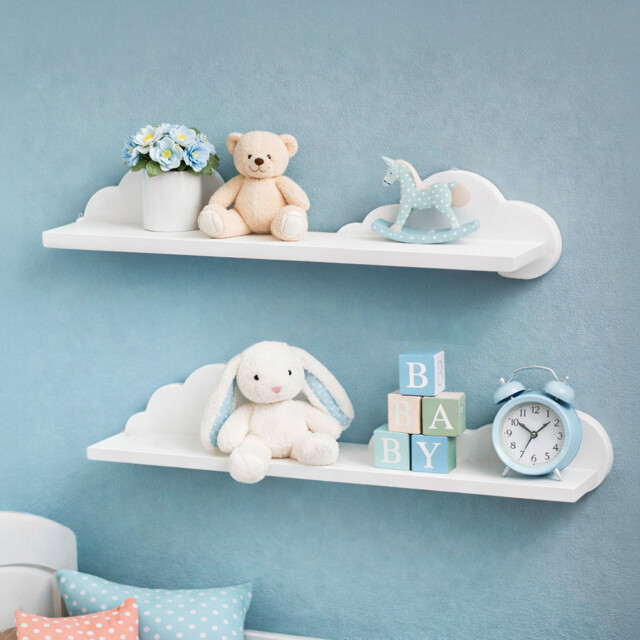 Set Of 2 White Cloud Floating Wall Shelves Kids Room Bathroom Shelving