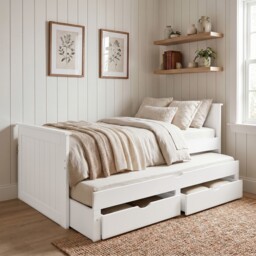Single Bed White Wooden With Trundle Bed And 2 Drawers