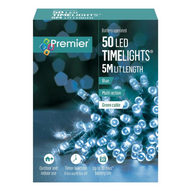 Christmas 50 Battery Timer Led Lights On Green Cable Indoor Or Outdoor