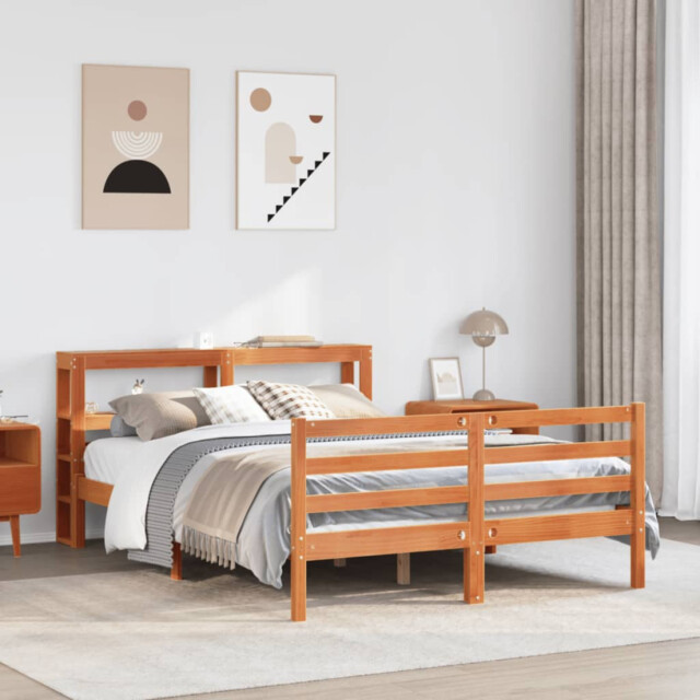 Bed Frame Solid Pine Brown 120x190 Cm Small Double With Headboard