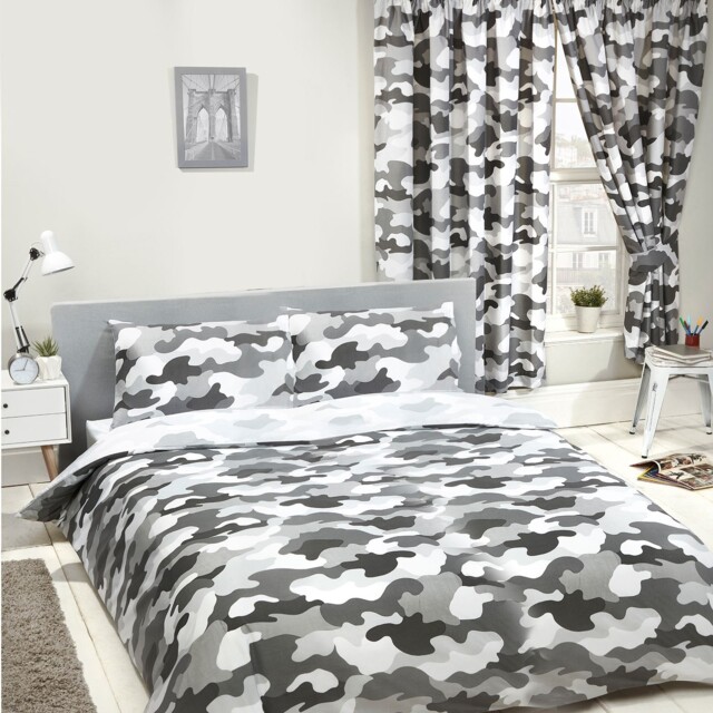Grey Army Camouflage Double Duvet Cover Set Childrens Bedroom - 2 In 1