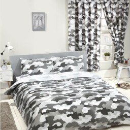 Grey Army Camouflage Double Duvet Cover Set Childrens Bedroom - 2 In 1