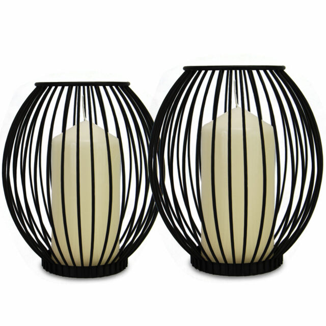 Candle Holders Cage X2 Small & Large Black Iron Pillar Lanterns