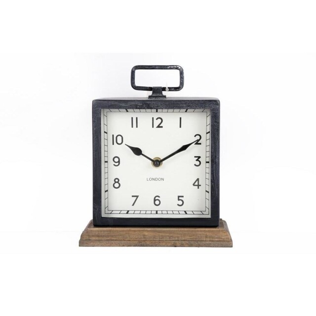 Distressed Square Black Metal Clock On Wood Base