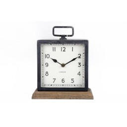 Distressed Square Black Metal Clock On Wood Base