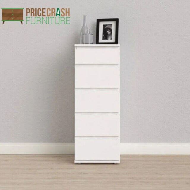 Nova Modern Tall Narrow 5 Drawer Chest Of Drawers Tallboy In White