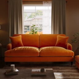 Orange Velvet Sofa 3 Seater Foam Filled With Saddle Arms Dark Wood