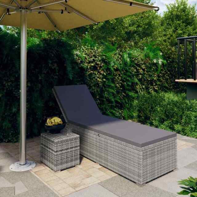 Sun Lounger With Cushion And Tea Table Poly Rattan Grey Vidaxl