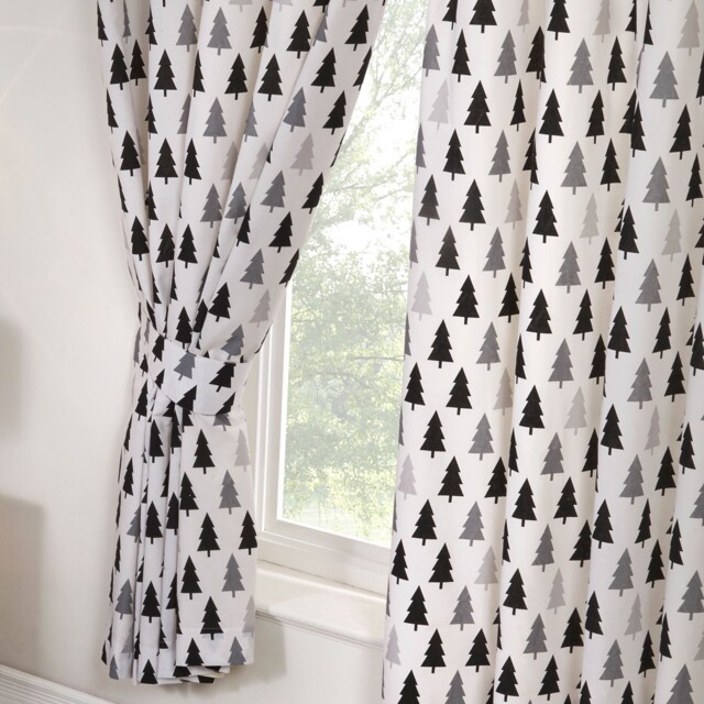 "Scandi Bear Forest Lined Curtains 54"" Drop Monochrome Boys Girls"